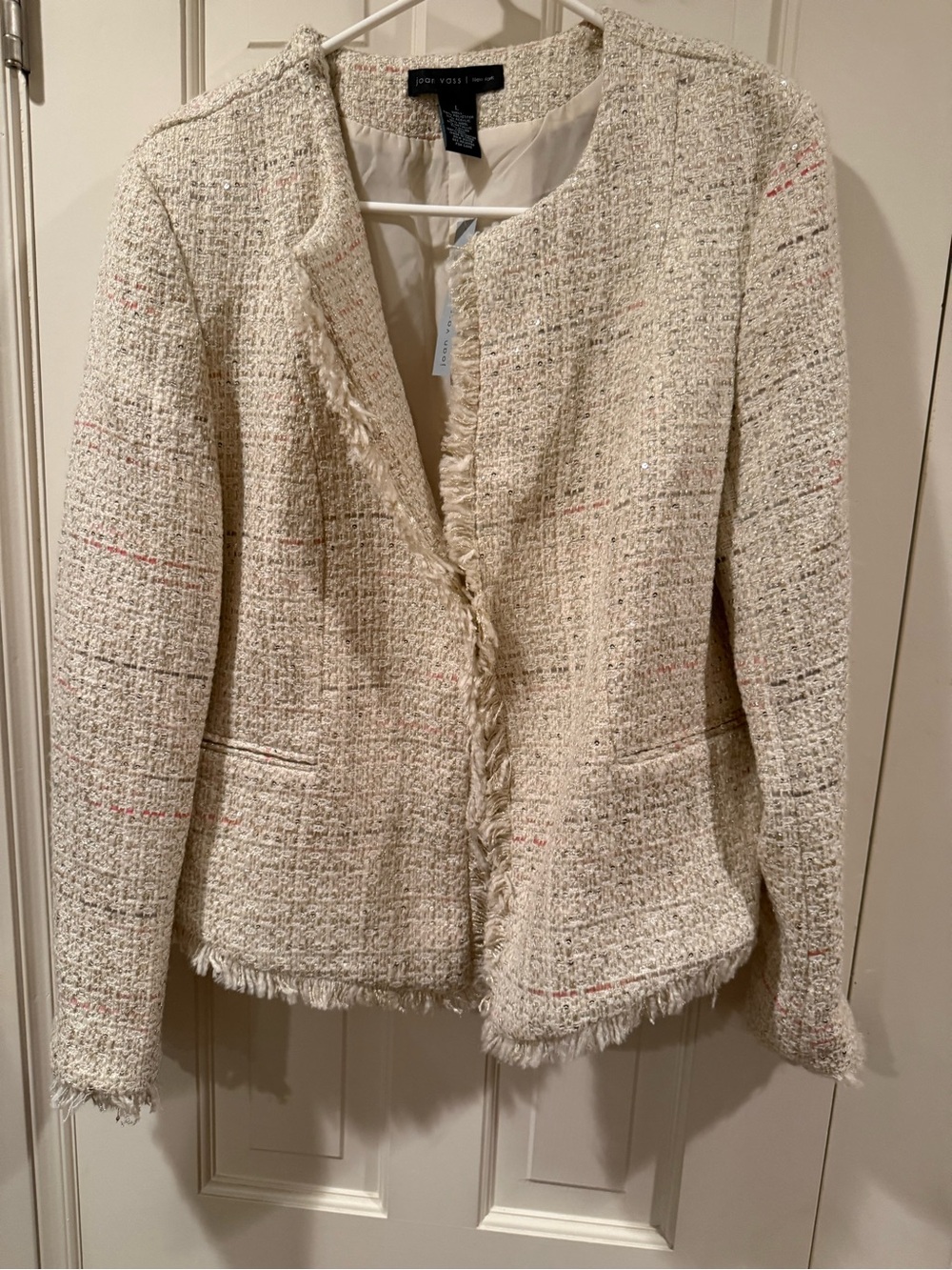 NWT Joan Vass Cream Tweed Fringed Open-Front Blazer Jacket Large